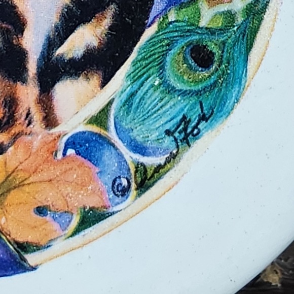 Vtg Retro Cat Ceramic Coaster Artist Signed Crazy Cat Lady Fruit Grapes Apples - Picture 3 of 8